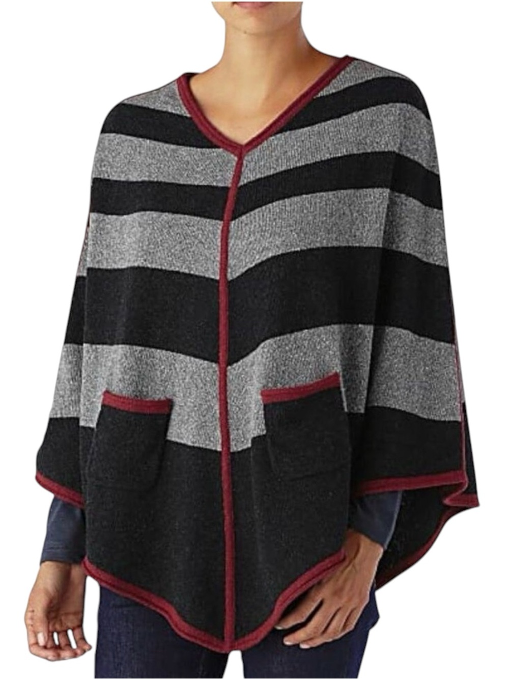 Patagonia Women’s Loislee Knit Poncho, Gray & Black Stripe w/ Red Accent - M/L